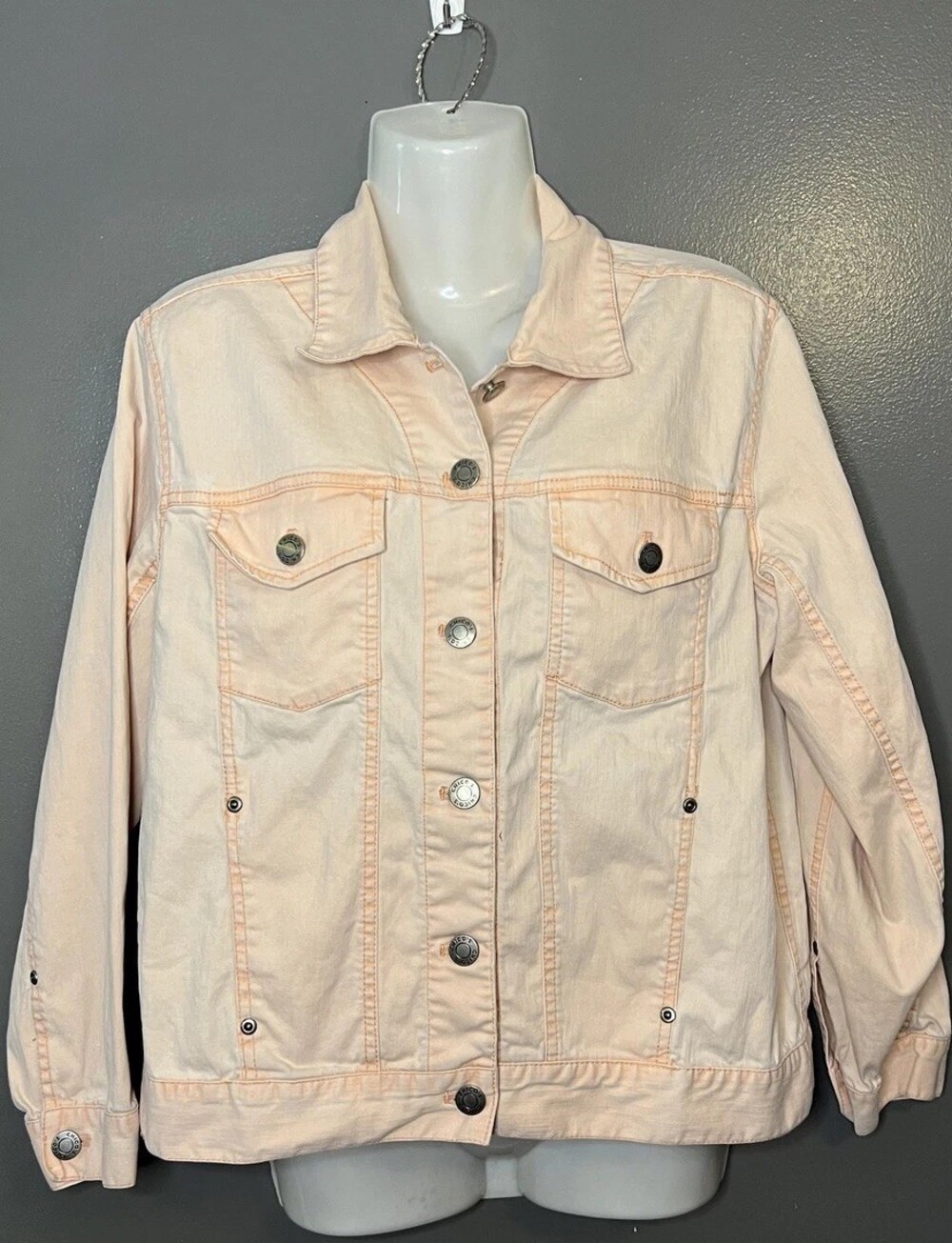 Chico's Denim Jacket Women's Small Pink Jean Trucker Button Front Blush Soft